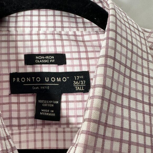Pronto Uomo Dress Shirt Sz 17.5 36/37 Tall No Iron Classic Fit Egyptian Cotton - Picture 11 of 12